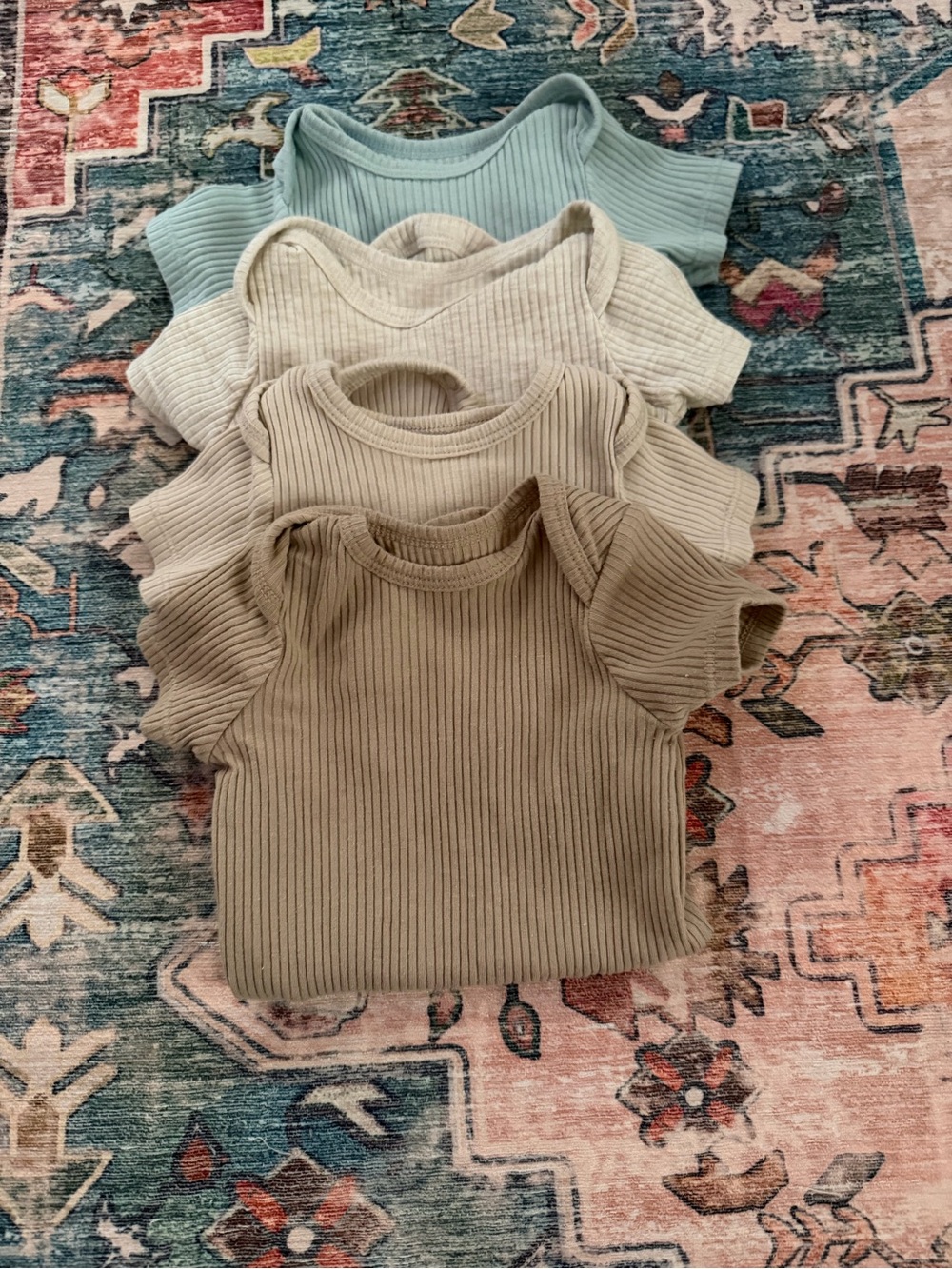 Ribbed Short-Sleeve onesies - Cream, Tan & Light Blue
